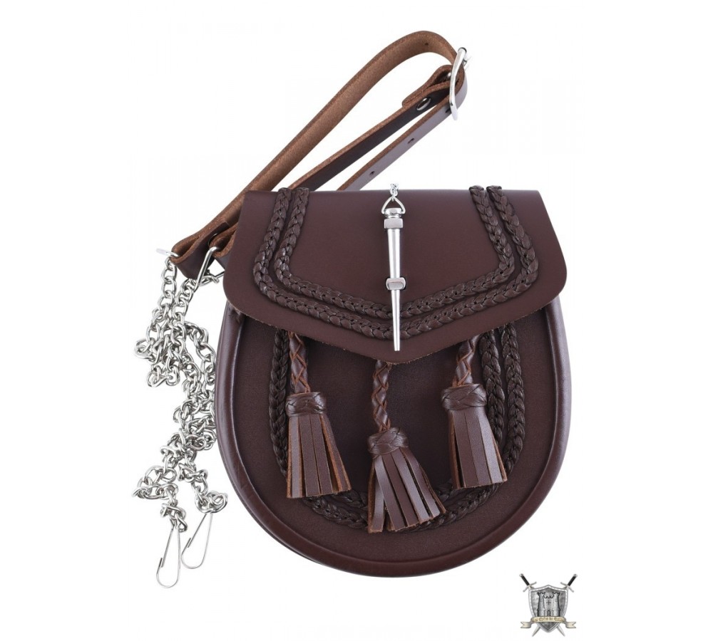 Sporran En Cuir Noir Pour Kilt Écossais - 3 Pompons, Motif Chardon - Accessoire Traditionnel Highland