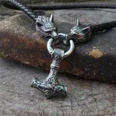 Pendentif cuir et bronze marteau de Thor viking