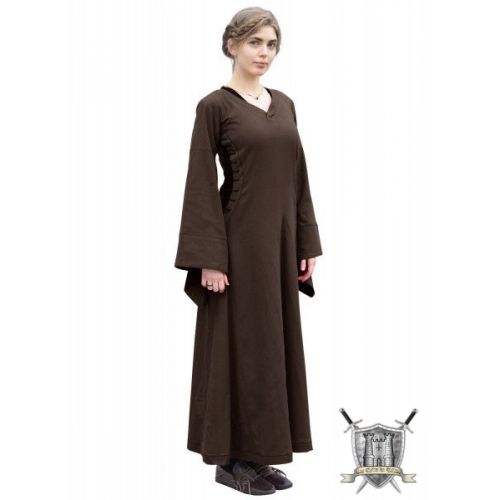 Robe médiévale marron 100% coton laçage sur les côtés